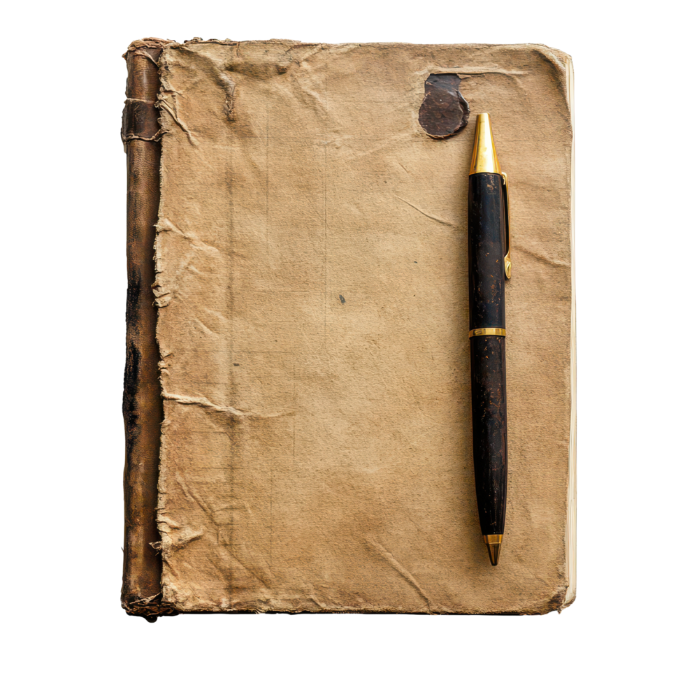 Worn aged notebook with a pen resting on a clean transparent background awaiting thoughts and ideas, Aged Worn Notebook with Pen, transparent background. png