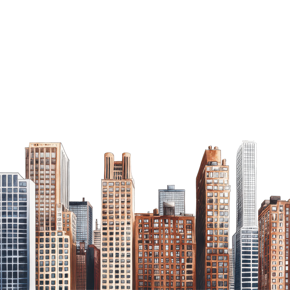 A vibrant city skyline showcasing tall buildings in close proximity during a clear day, a city skyline with tall buildings in close proximity, transparent background. png
