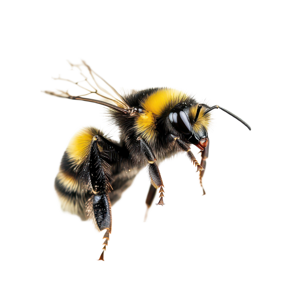 A stunning bumblebee in flight captured in macro detail against a transparent background, a stunning bumblebee is flying, macro shotisolated transparent background png