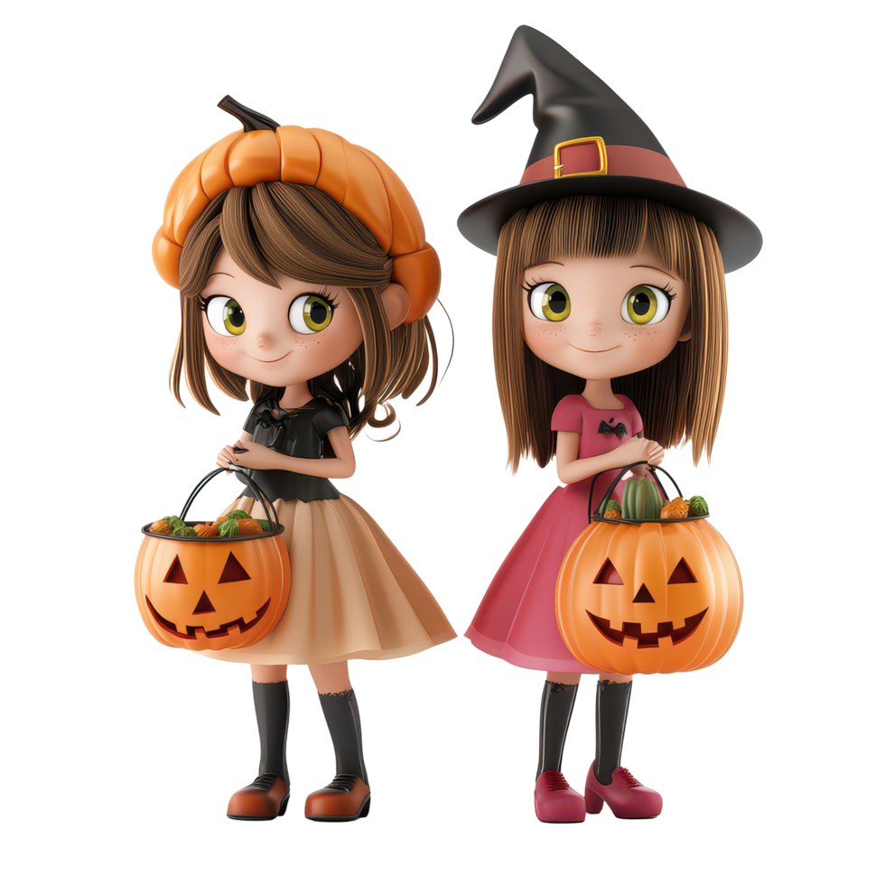 Cartoon girls celebrating Halloween with pumpkin baskets in a whimsical autumn setting, 3D Cartoon Girls with Halloween Baskets on transparent background png