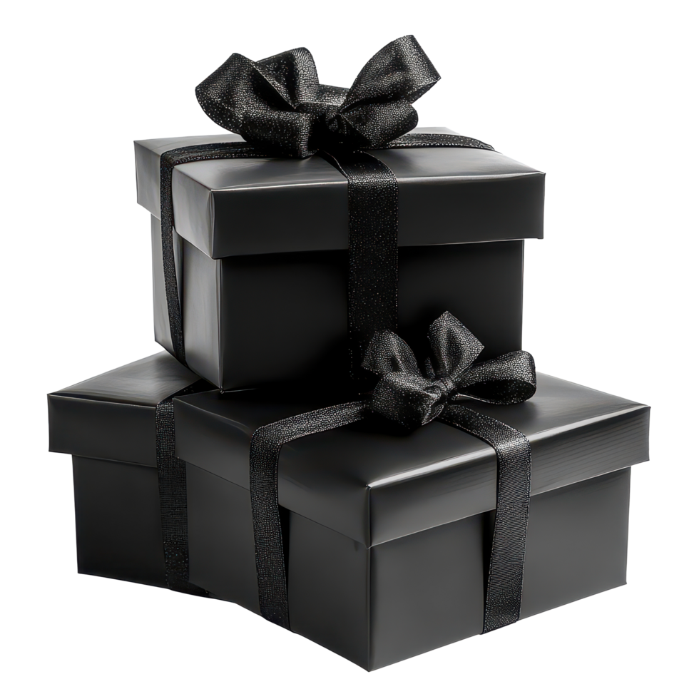 Elegant black gift boxes tied with ribbons arranged against a clean transparent background for festive occasions, Black gift boxes isolated, transparent background. png