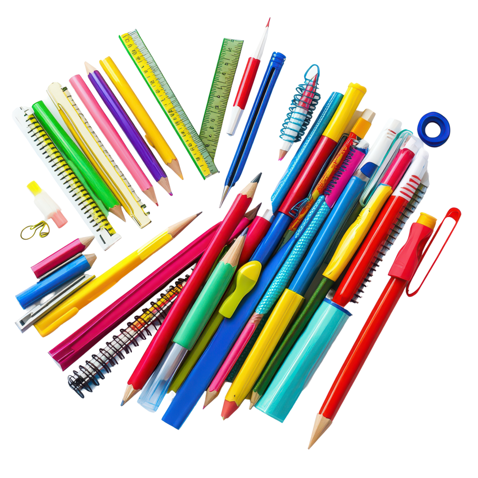 Variety of school supplies like pens, pencils, and rulers on a transparent background for back to school season, Assorted school supplies isolated on transparent backgroundbackground png