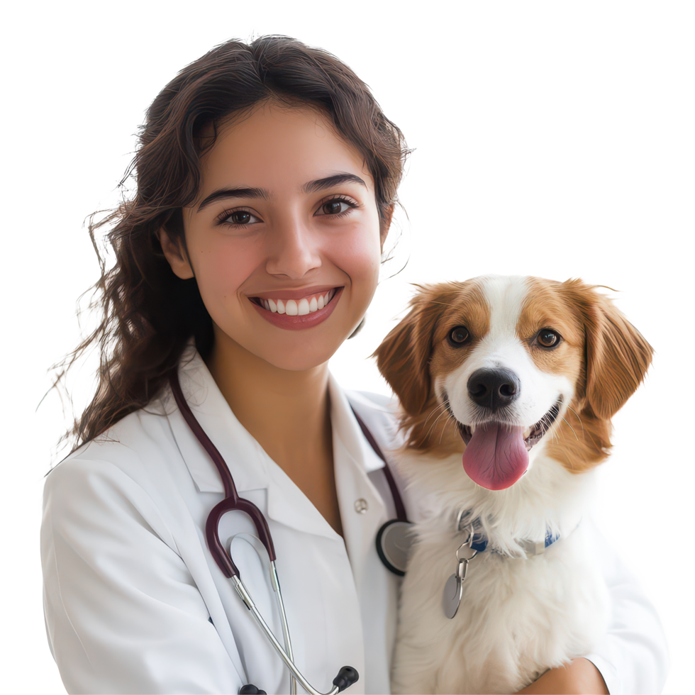 Young veterinarian smiling while holding a happy dog against a bright transparent background, Beautiful young veterinarian with a dog on a transparent background png