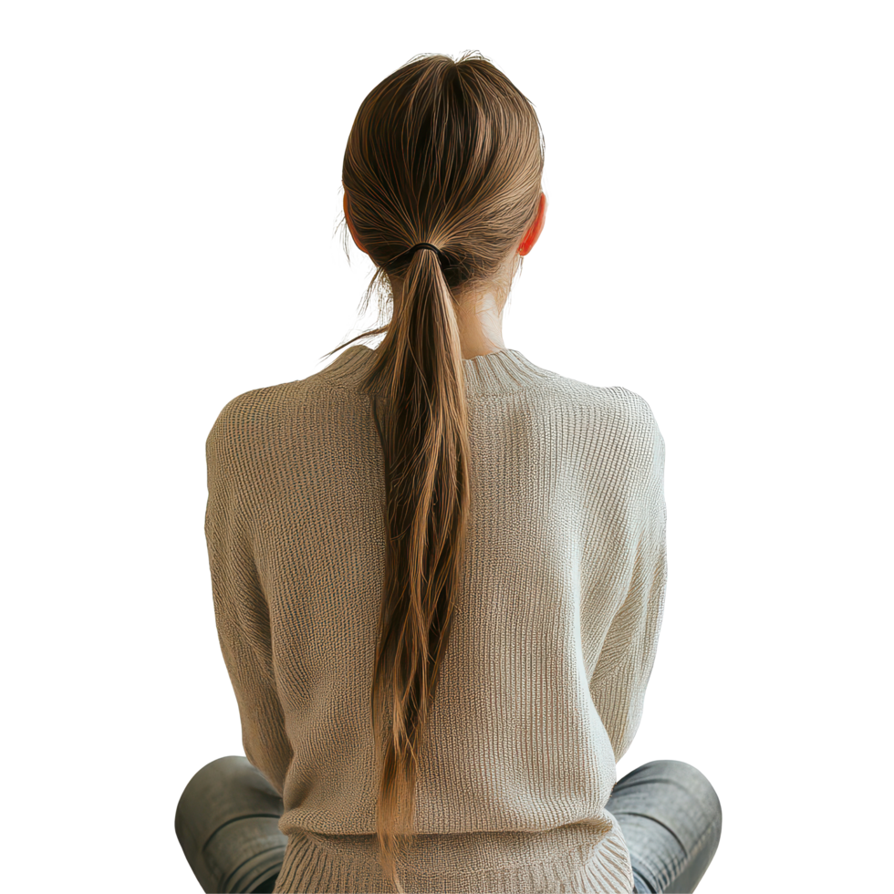 Woman with a ponytail sitting on a transparent background, wearing a cozy sweater, contemplating in a tranquil moment, Back View Woman Sitting with Ponytail on transparent background png