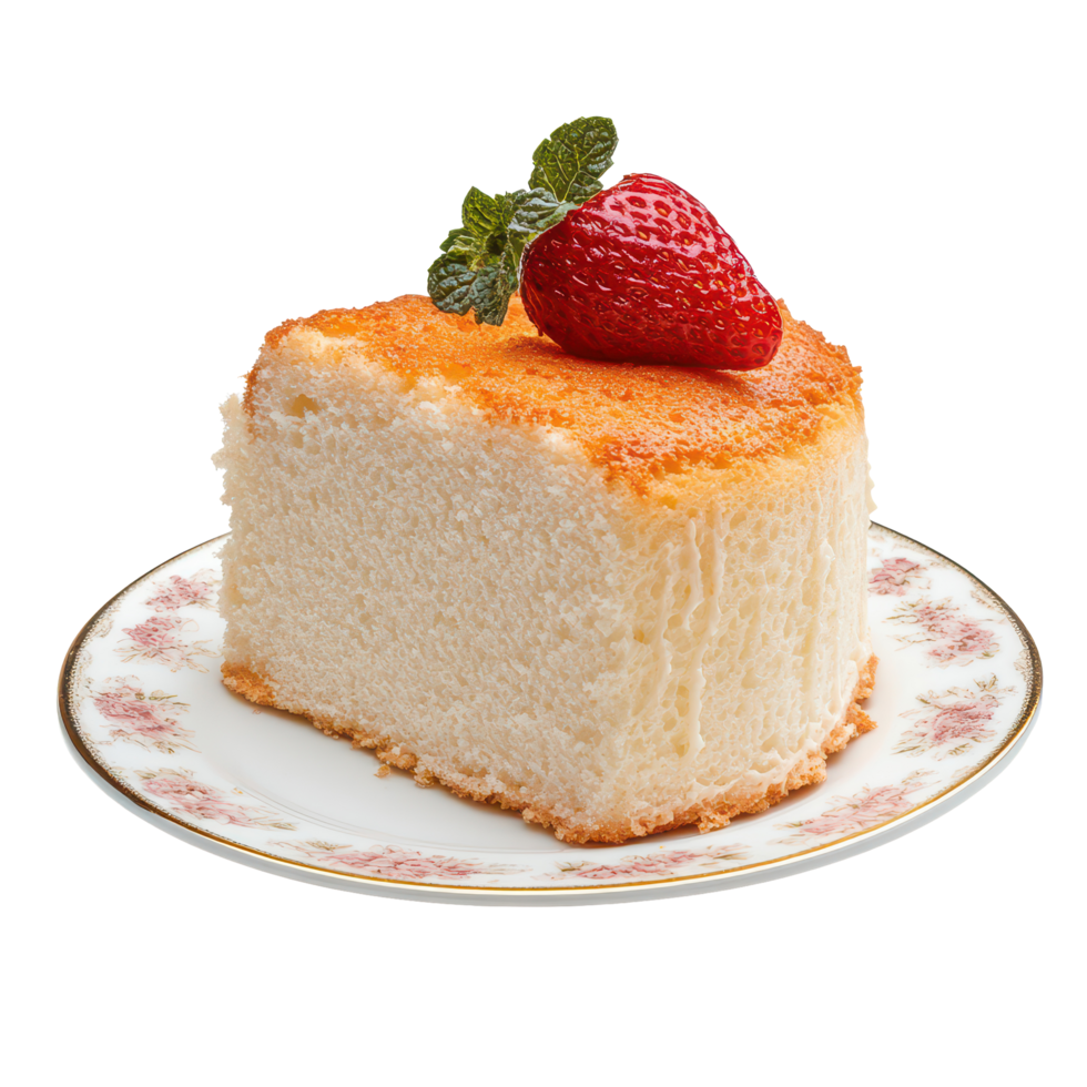 Delicious angel food cake slice on a decorative plate with fresh strawberry on a transparent background, angel food cake on plate isolated on transparent background png