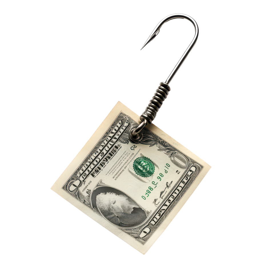 A dollar bill caught on a fishing hook against a clean transparent background, Banknote on Fishing Hook, transparent background. png