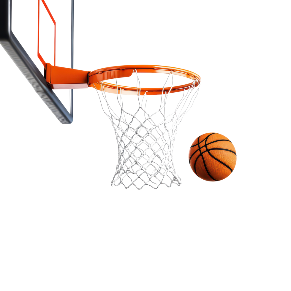A basketball is soaring through the hoop on a sunny day at a basketball court, basketball going through the net a basketball court, transparent background. png
