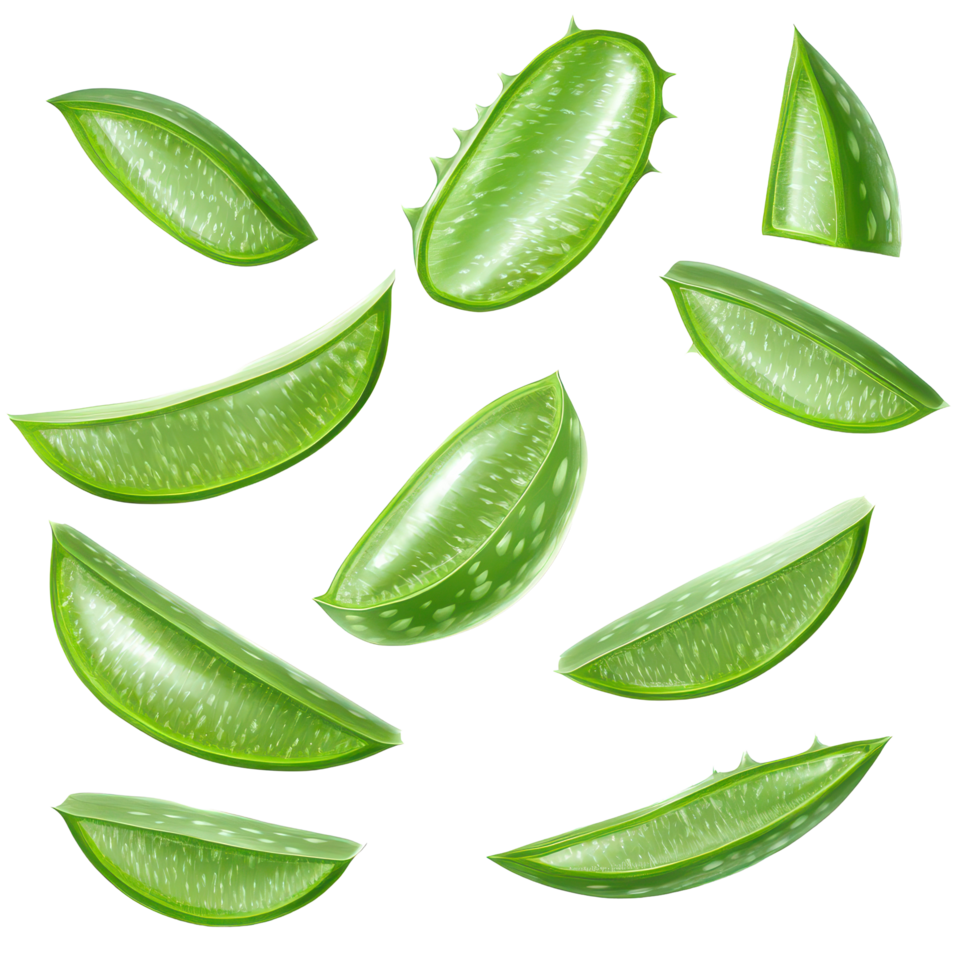 Fresh aloe vera leaves with sliced pieces arranged on a clean transparent background for natural wellness, Aloe vera fresh leaves with slices on transparent background png