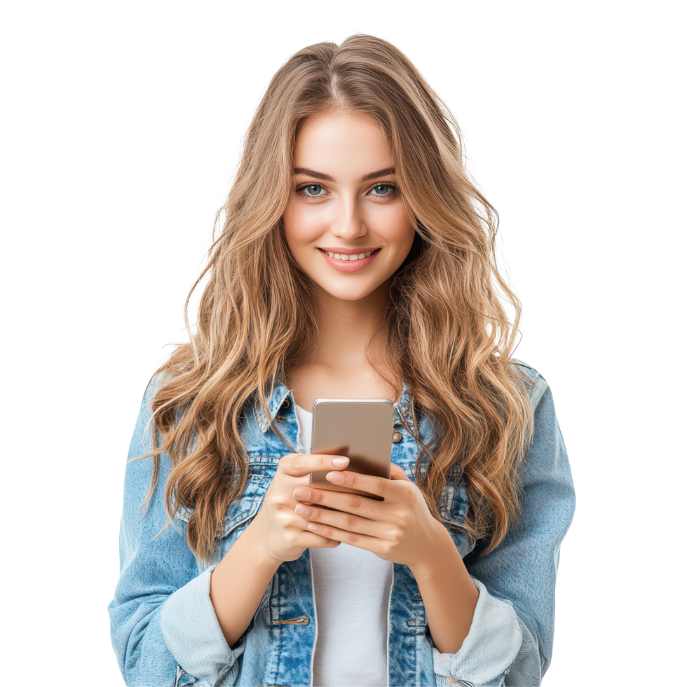 A beautiful girl smiling while using her smartphone against a transparent background, enjoying technology in her leisure time, beautiful girl using cell phone isolated on , transparent background. png
