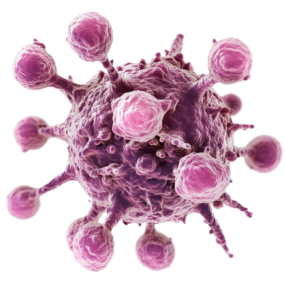 Detailed visualization of a biological cancer cell showcasing its complex structure on a transparent background, Biological cancer cell transparent background png