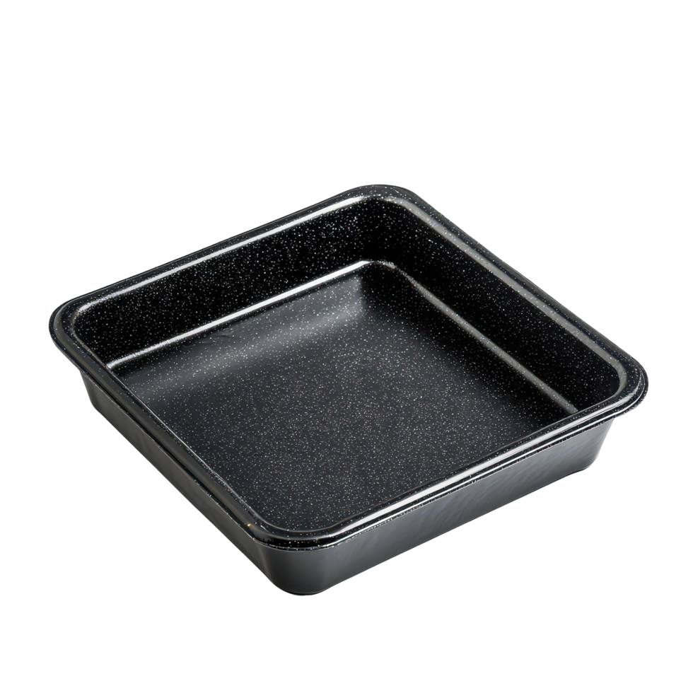 Square black foam tray isolated on a clean transparent background for versatile use in cooking and food preparation, black foam trayisolated on transparent background png