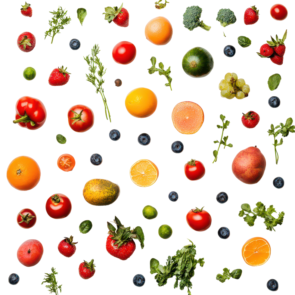 Assorted fresh fruits and vegetables arranged on a transparent background for a healthy lifestyle display, Assorted fruits and vegetables on transparent background png