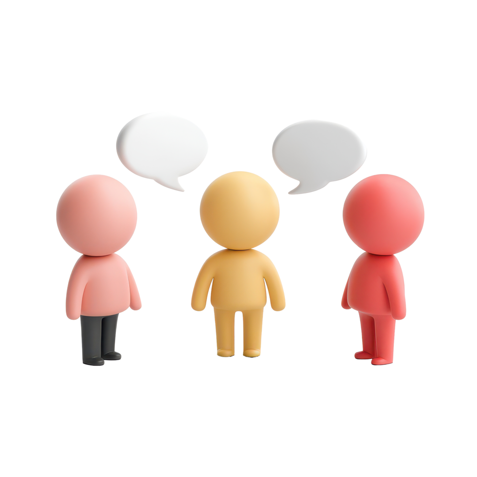 Minimal icon figures engage in conversation with speech bubbles around them in a simple, modern design, 3D Minimal Icon Figures with Speech Bubbles Isolated on transparent background png