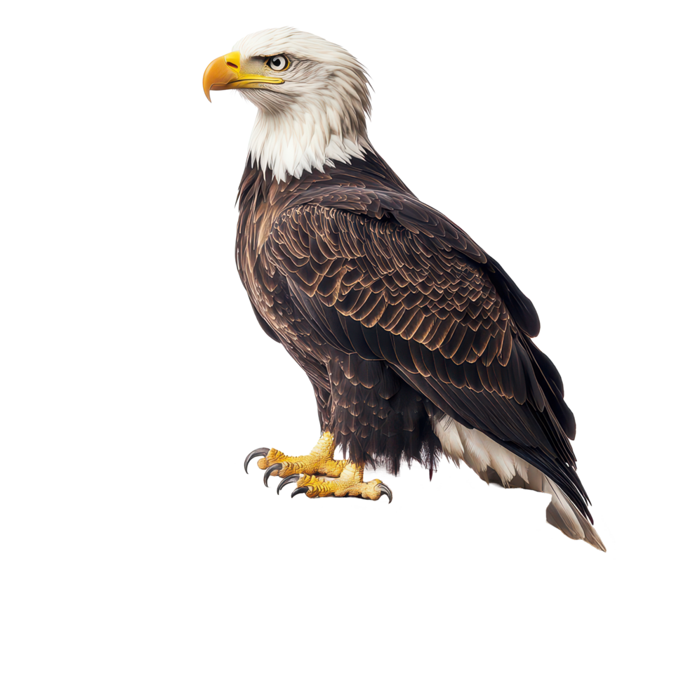 Bald eagle perched majestically on a stack of vintage books against a simple transparent background, bald eagle sitting on top a book, transparent background. png