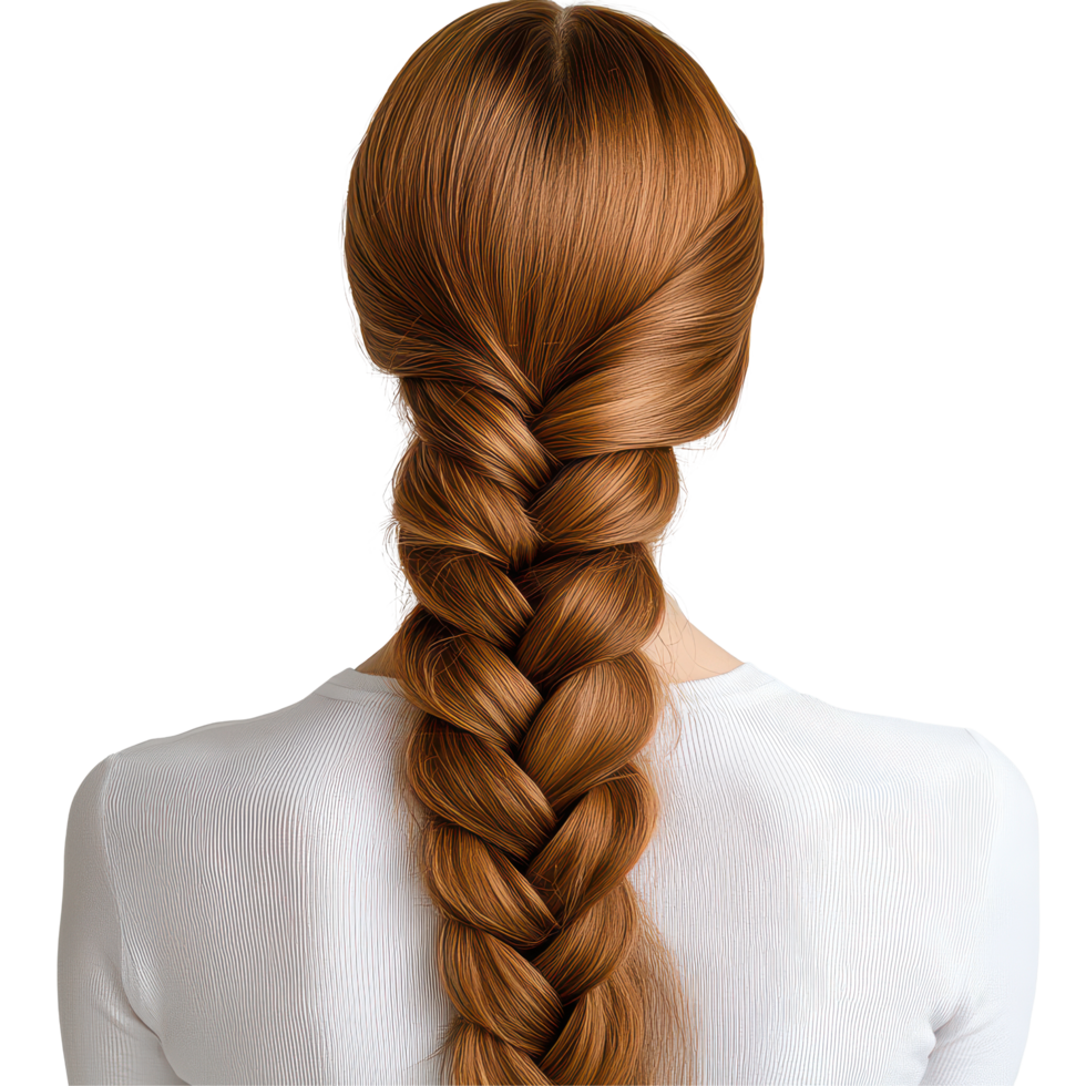 A long braid cascades down the back of a person with light brown hair against a transparent background, A long braid light brown hair, transparent background. png