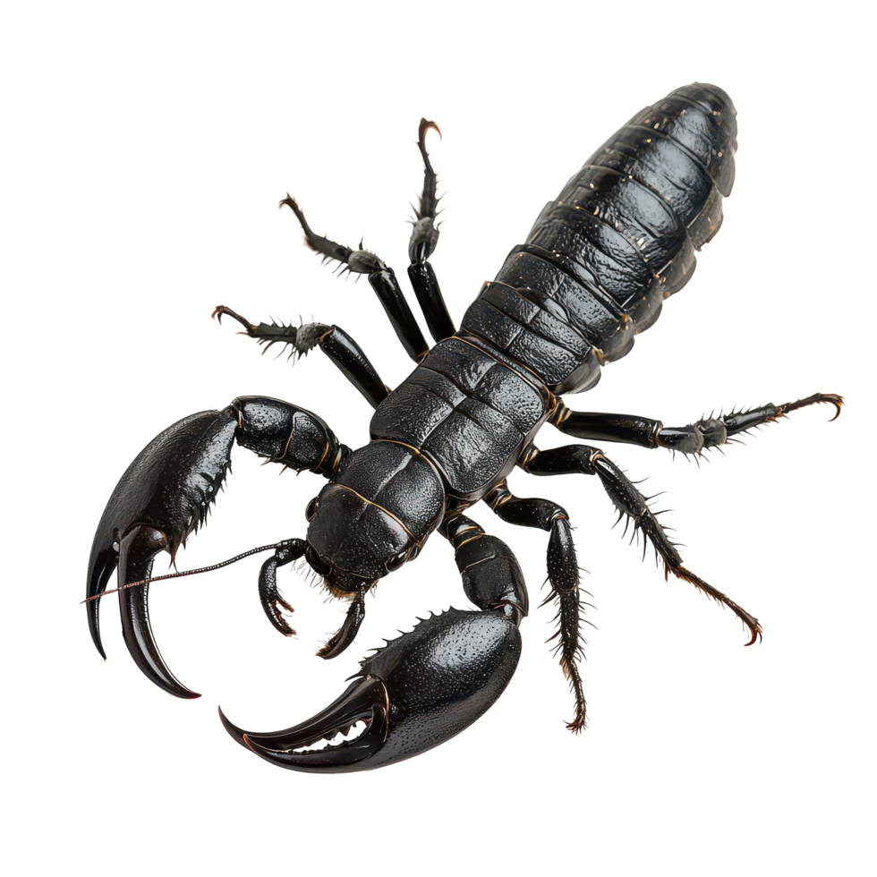 Close up of a black scorpion positioned on a clean transparent background, showcasing its distinct features and posture, Black Scorpion on transparent background png