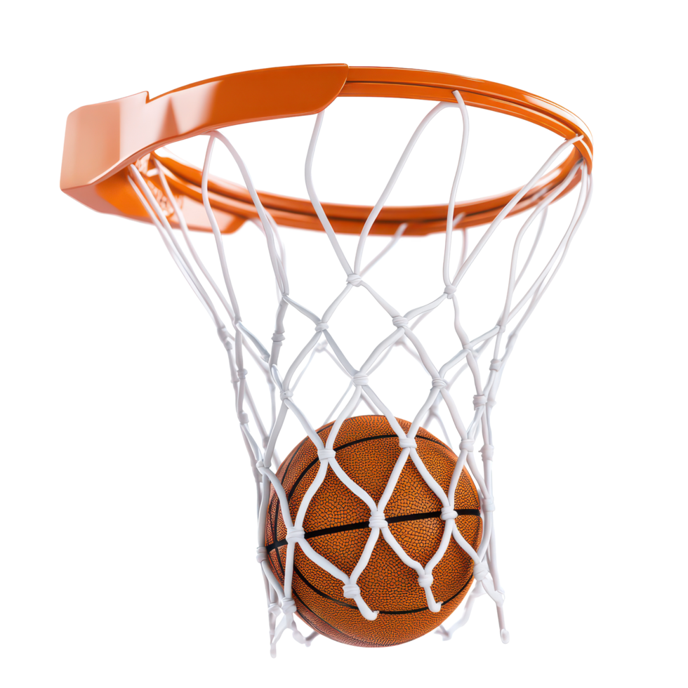 A basketball swishes through the net during a scoring play on the court in bright daylight, basketball going through the net with a ball in the basket, transparent background. png