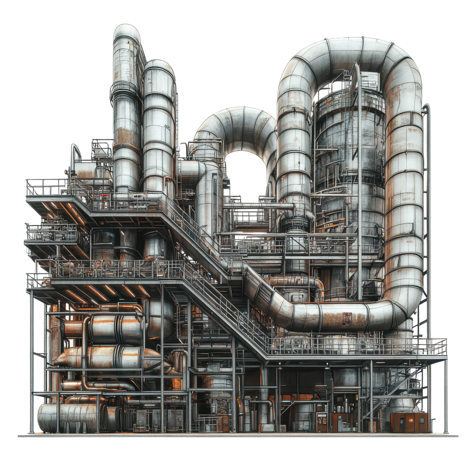 A large industrial factory filled with complex piping and tubes during daytime, a huge factory with many pipes and tubes in it, transparent background. png