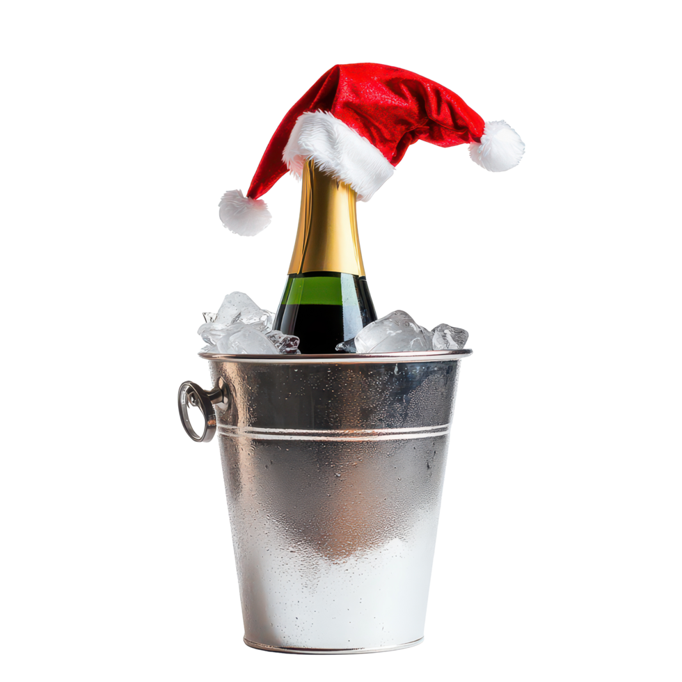 A festive champagne bottle dressed in a Santa Claus hat sitting in an ice bucket ready, A bottle of champagne with a red Santa Claus cap in an ice bucket Isolate on transparent background png