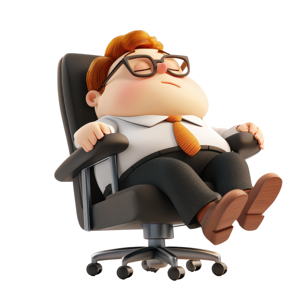 Cartoon boss character dozing off in office chair during work hours, 3d Cartoon Boss character sleeping in chair at workplace, transparent background. png