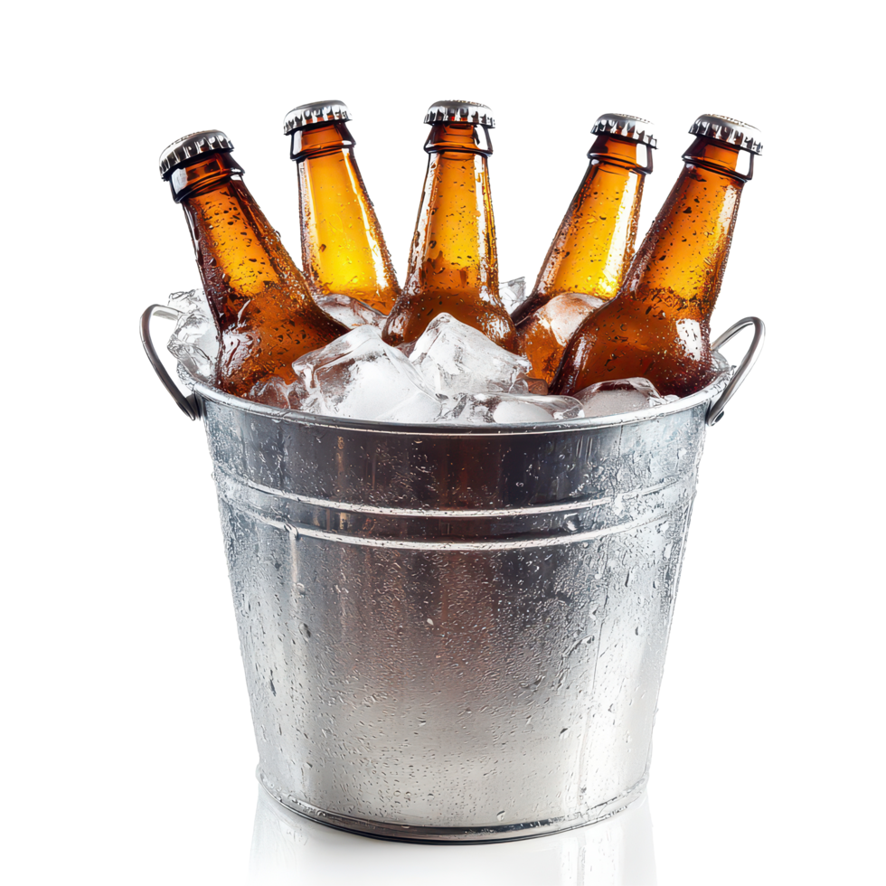 Chilled beer bottles in a metal bucket filled with ice against a transparent background perfect for parties, A bucket beer bottles with ice, transparent background. png
