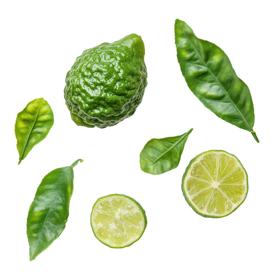 Fresh bergamot and lime with vibrant green leaves isolated on a transparent background showcasing their natural beauty, Bergamot or Thai lime and lime isolated on transparent background png