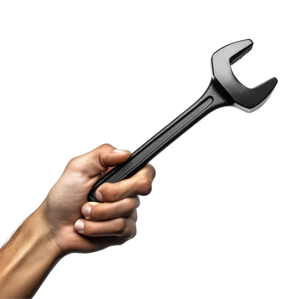 A black hand grips a wrench firmly against a transparent background for repairing tasks or mechanical work, Black Hand Holding Wrench on transparent background png