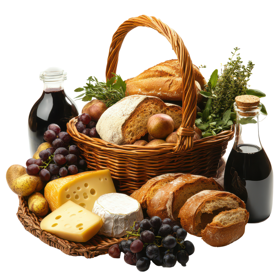 A delightful basket filled with fresh bread, cheese, grapes, and olive oil ready for a picnic in the countryside, basket food including bread, cheese, grapes, and other foods, transparent background. png