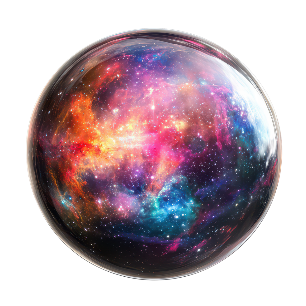 A vibrant galaxy trapped within a crystal clear sphere on a transparent background, a sphere with a colorful galaxy inside, transparent background png
