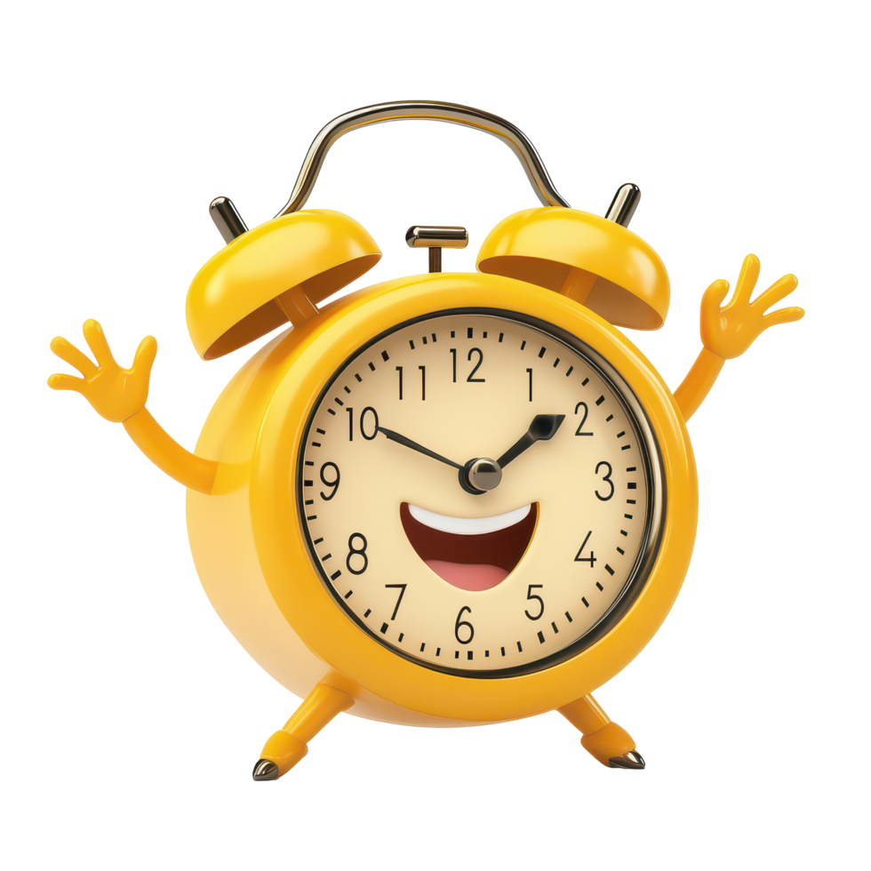 Cheerful cartoon alarm clock character with arms waving, isolated on a bright transparent background, expressing happiness, Alarm clock cartoon character isolated on transparent background png