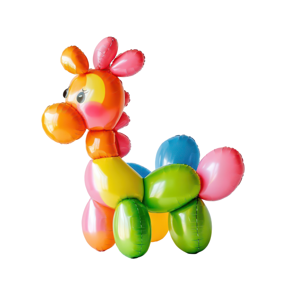 Handmade balloon animal decoration in the shape of a colorful giraffe for parties or events, Balloon balloon animal decoration handmade shape party decoration inflated, transparent background. png