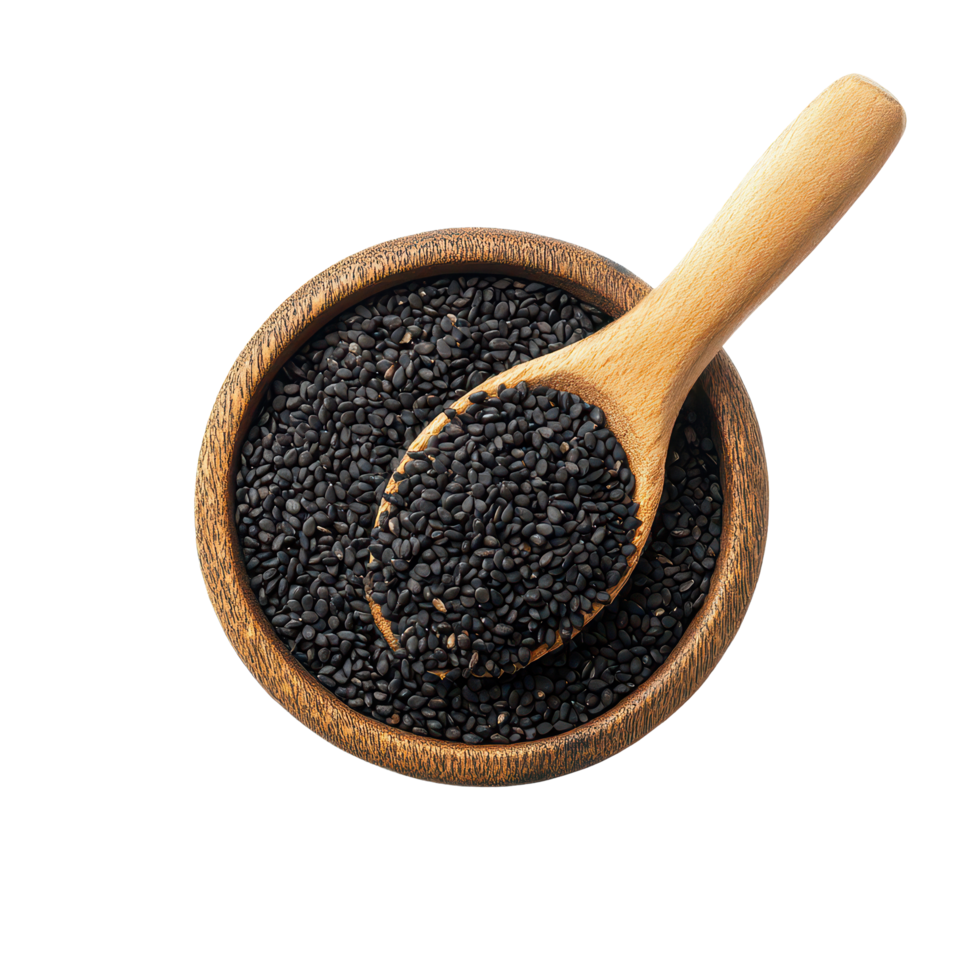 Fresh black organic sesame seeds in a wooden bowl with a spoon on a transparent background, Black organic sesame seeds isolated on transparent background png