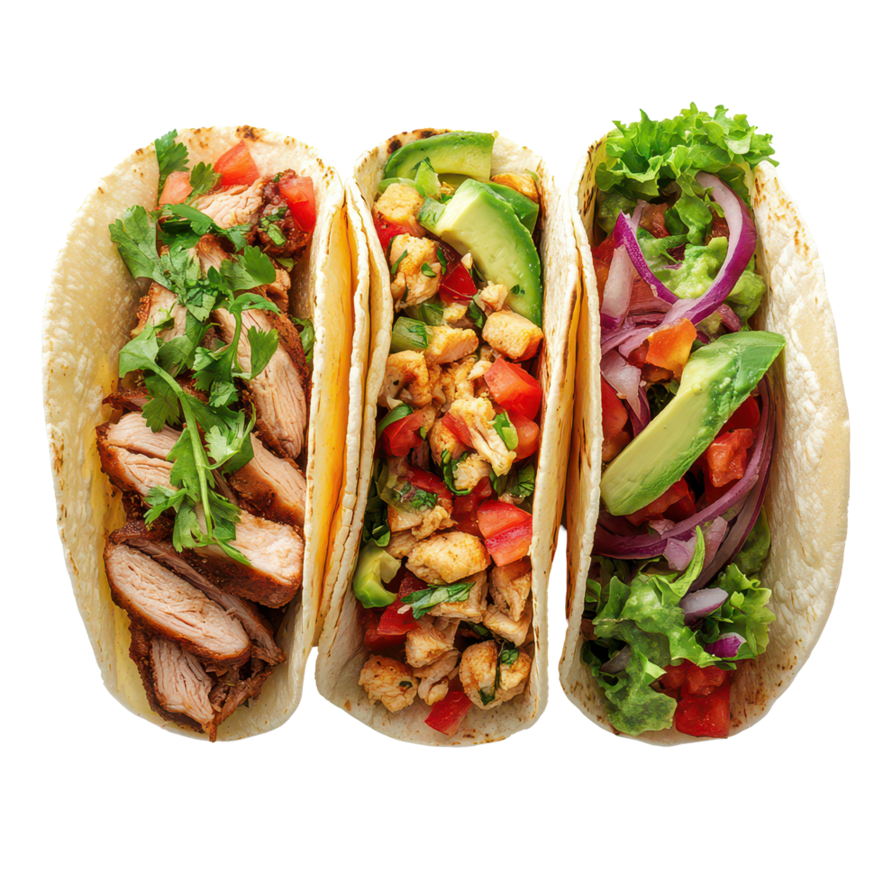 Delicious beef, chicken, and vegetarian tacos served on a transparent background, perfect for meal inspiration, Beef, Chicken, and Vegetarian Tacos on transparent background png