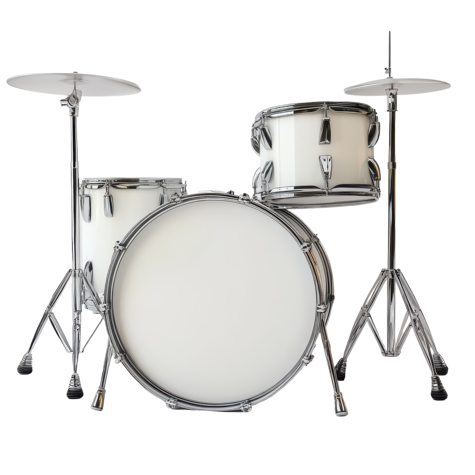 A classic drum kit with silver hardware ready for a music performance in a studio setting, a drum with a drum and a silver drum. transparent background png