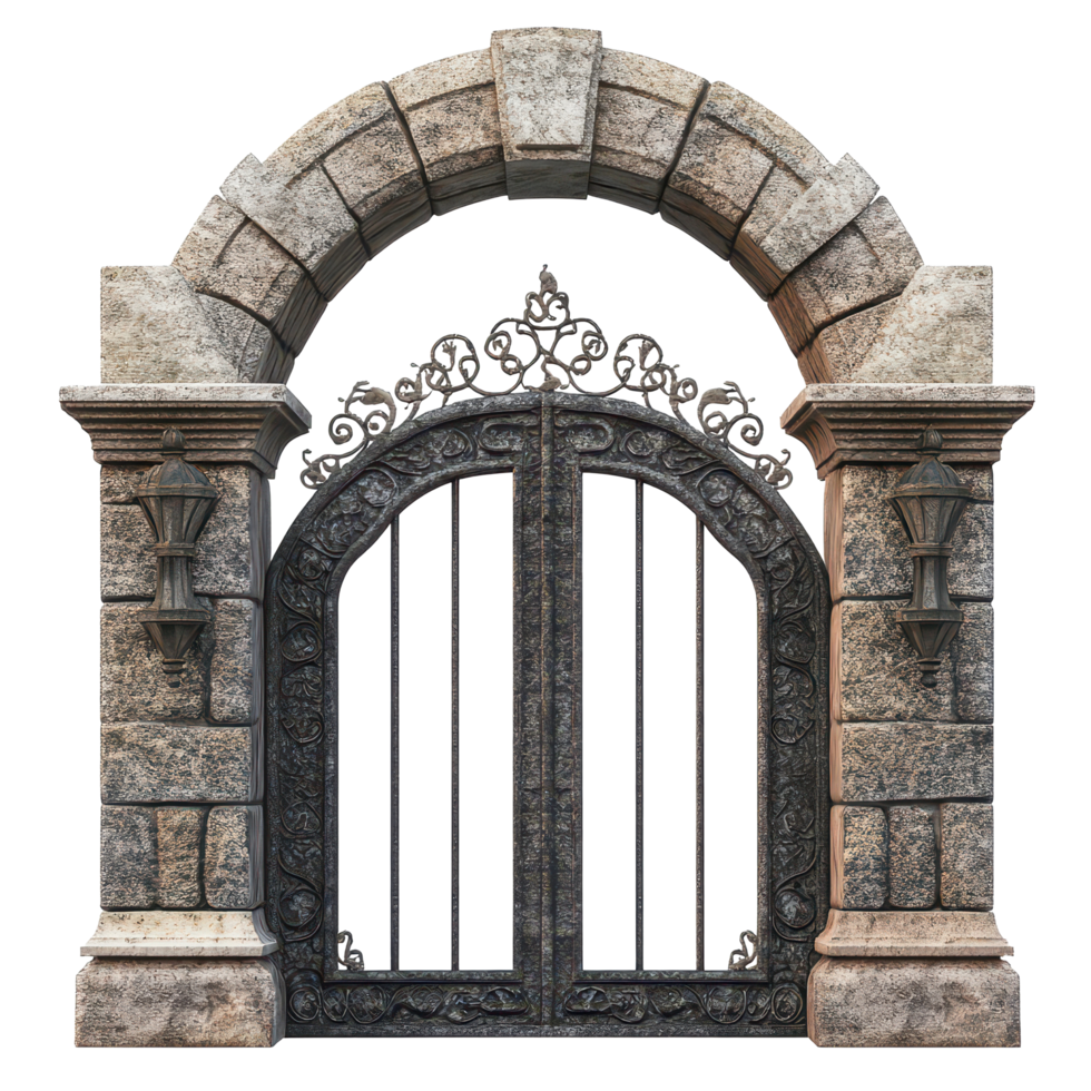 A detailed stone gate with ornate design set against a stark transparent background for artistic showcase, Beautiful stone gate on aisolated on transparent background png