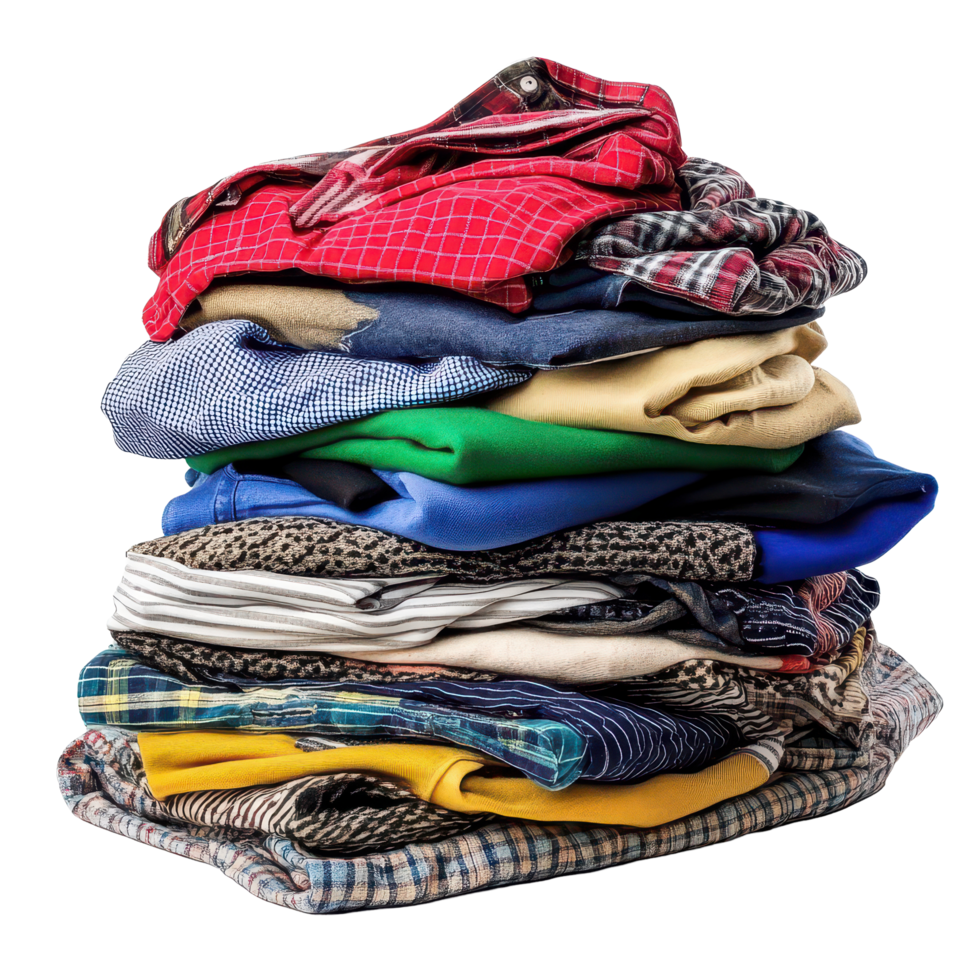 Assorted pile of folded clothes stacked on a transparent background showcasing various colors and patterns, Assorted Pile Clothes Isolated on transparent background png