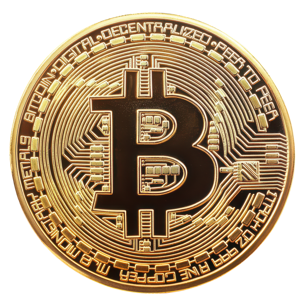 Golden bitcoin coin displayed against a clean transparent background, symbolizing digital currency and investment trends, Big golden bitcoin transparent background png