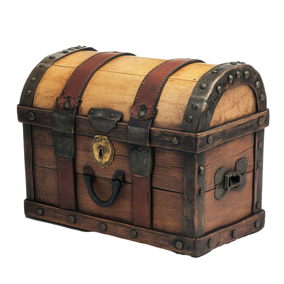 Antique treasure chest with leather straps and metal accents on a transparent background for collection display, Antique Treasure Chests on transparent background png