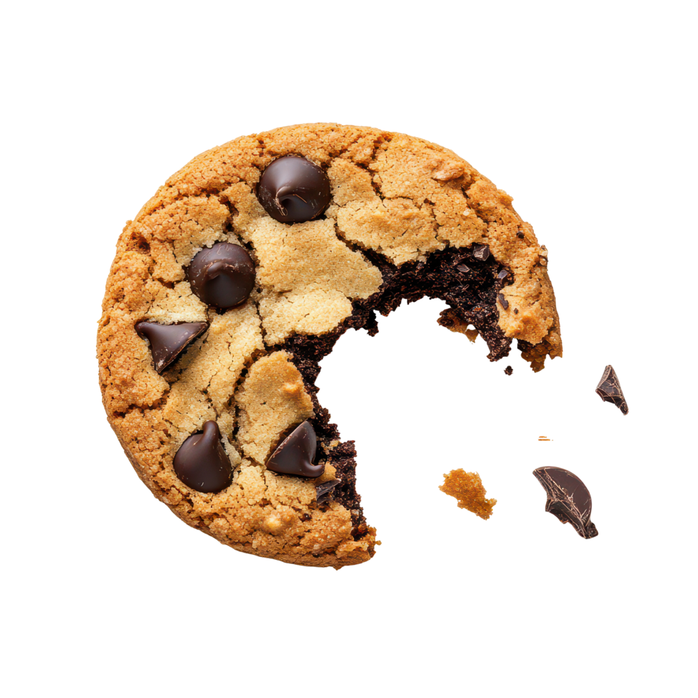 Bitten chocolate chip cookie isolated on a transparent background showcasing rich textures and baked perfection, Bitten Cookie with Chocolate Chips isolated on transparent background png