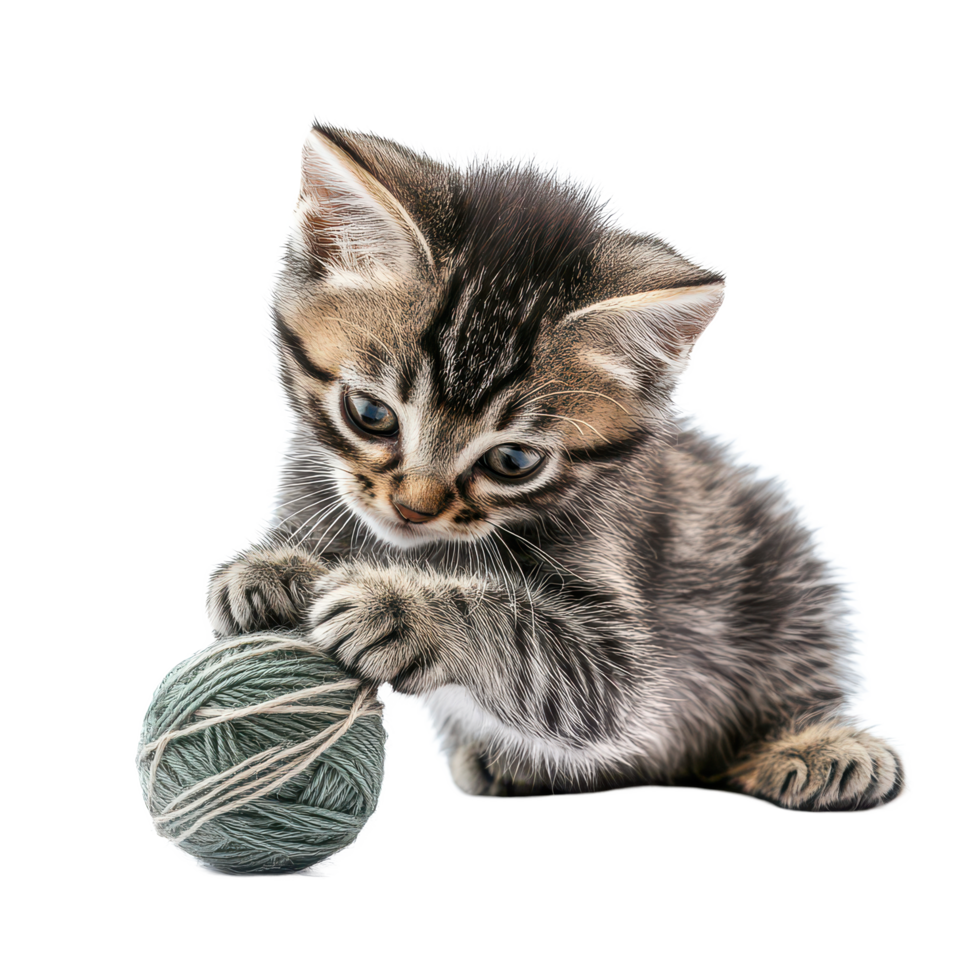 A playful kitten enjoys playing with a green ball of yarn against a clean transparent background, a kitten playing with a ball yarn, transparent background png