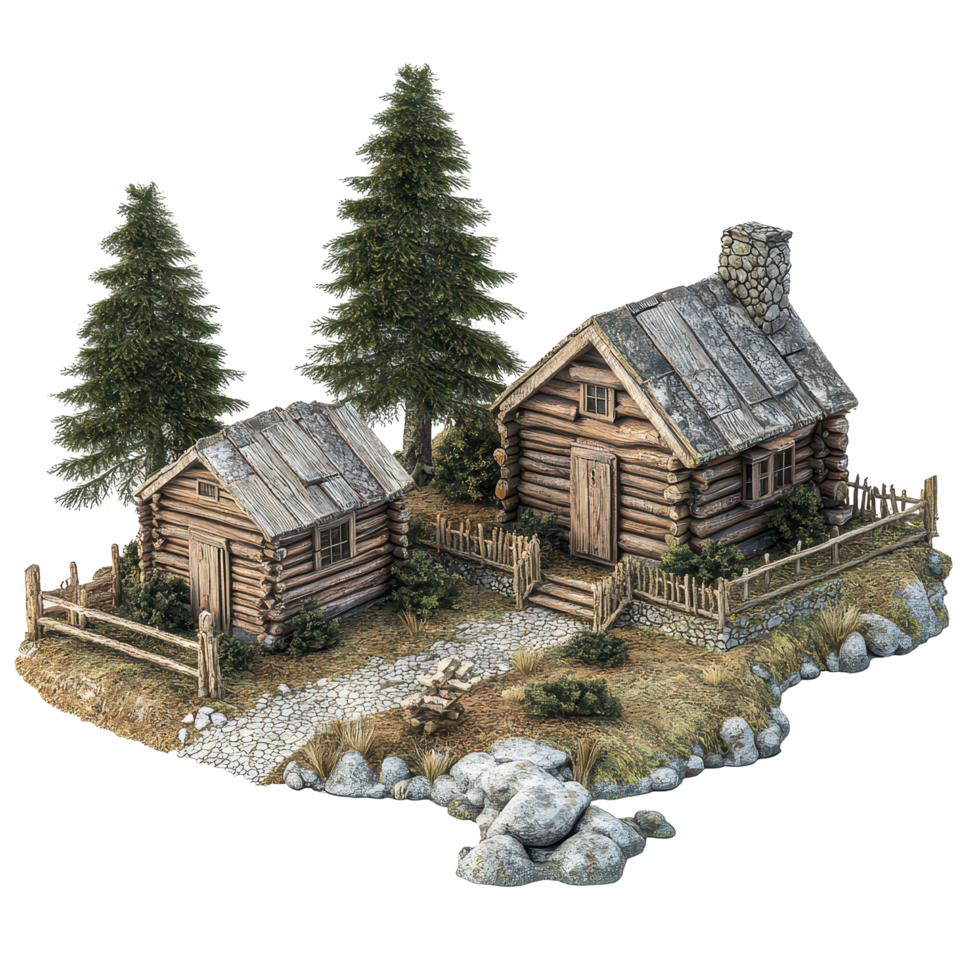 Rustic log cabins nestled in nature, surrounded by greenery and rocks in a peaceful outdoor setting, 3D Rustic Log Cabins Surrounded by Nature on transparent background png