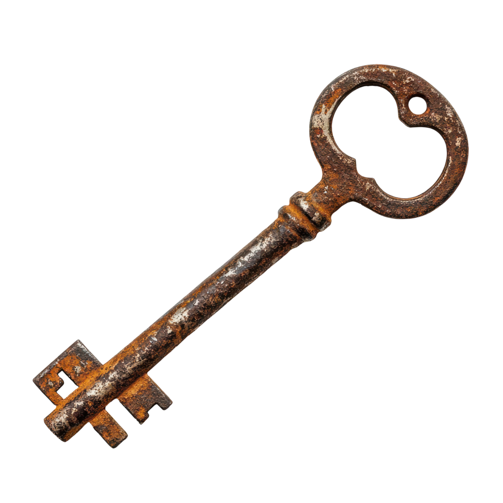 Antique rusted key resting on a transparent background evokes memories of forgotten doors and secrets from the past, Antique Key with Rusted Lock A Symbol Memories and Stories png