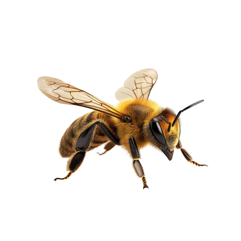 A close up of a bee walking on a blank transparent background showcasing its detailed features and movement, bee walk toward isolated on transparent background png