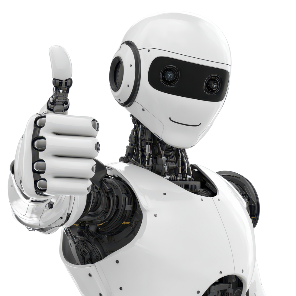 AI robot giving a thumbs up on a plain transparent background in a modern technological setting, AI robot giving a thumbs up on transparent background png