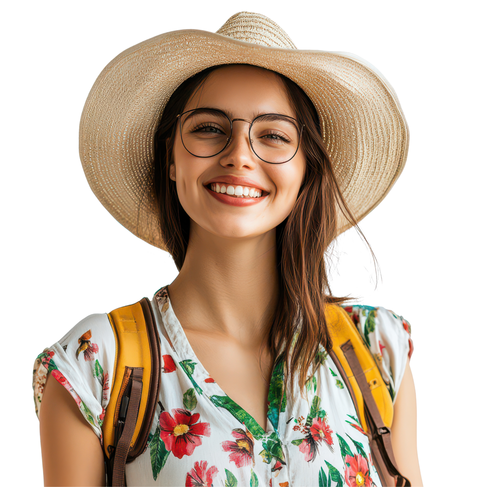 A cheerful woman wearing a straw hat enjoys her summer adventure while traveling with a backpack, a portrait photo of smiling woman in summer travel attire, isolated transparent background png