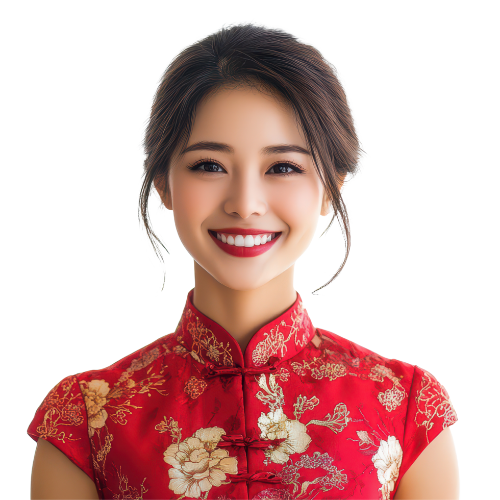 A joyful young Chinese woman in a red dress smiles warmly against a bright transparent background, a portrait photo of beautiful smiling chinese woman in a qipao, isolated transparent background png