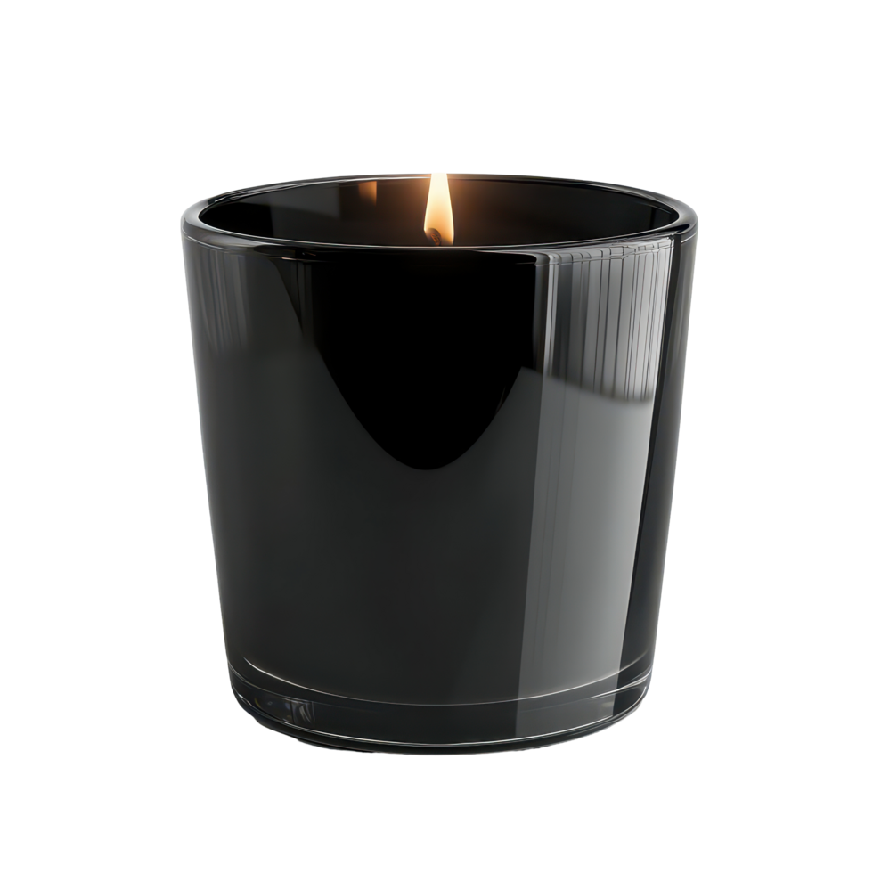 Elegant black glass candle burning softly on a transparent background adding warmth and ambiance to any space, Black glass candle isolated on transparent background png