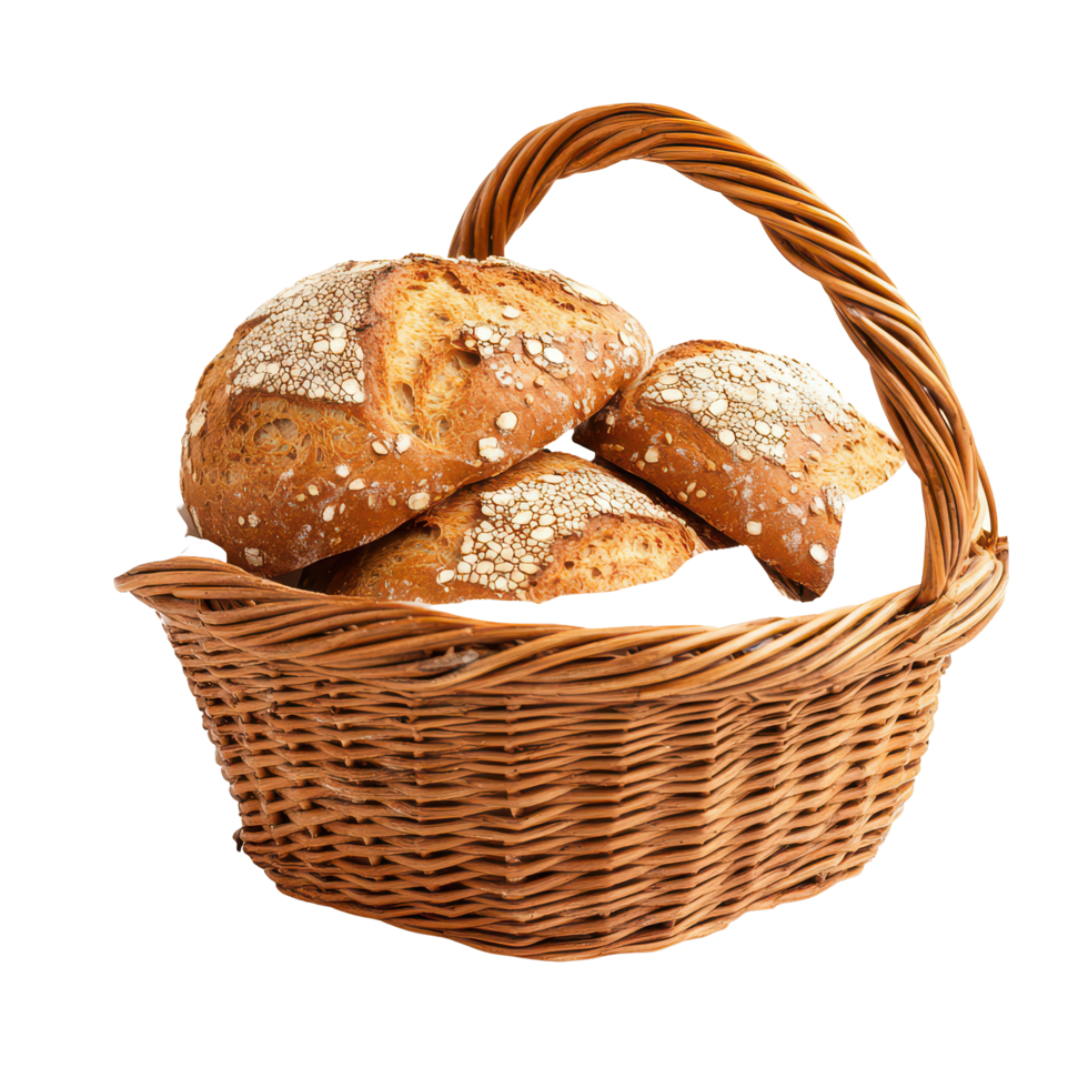 Freshly baked basket of rustic bread rolls on a simple transparent background for culinary delights, Basket Bread on transparent background png