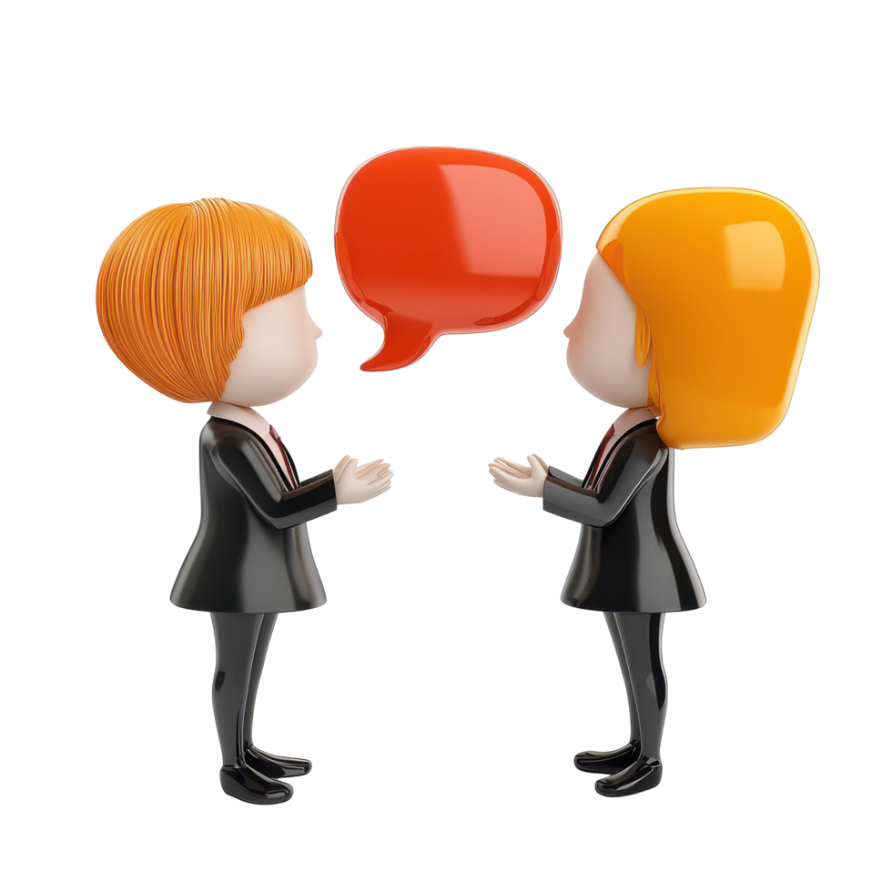 Cartoon characters in conversation, exchanging thoughts in a friendly dialogue, 3D Cartoon People Engaging in Conversation with Speech Bubbles Isolated on transparent background png