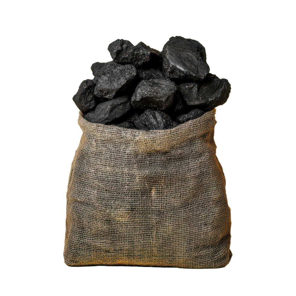A burlap sack of coal resting on a yellow table against a bright transparent background, Bag Coal on Yellow Table. transparent background Background, transparent background. png